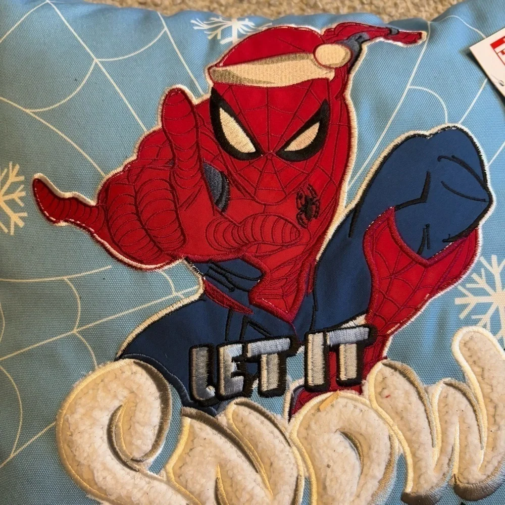 Spider-Man Square Christmas Pillow NEW Let If Snow Santa Hat